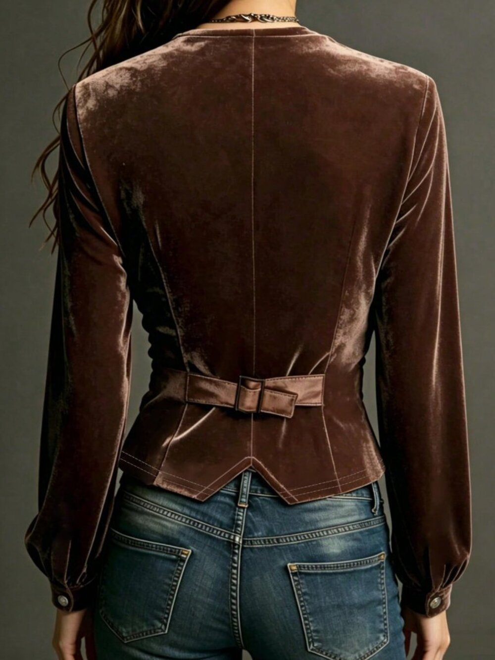 Brown Casual Women's Velvet Fitted V-Neck Long Sleeve Single-Breasted Button Top - Picture 2 of 4